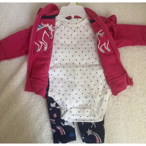Carter's Baby Girls 3-Piece Outfit Set Size 3 Months Unicorn Pink NWT W/hoodie - Picture 5 of 10